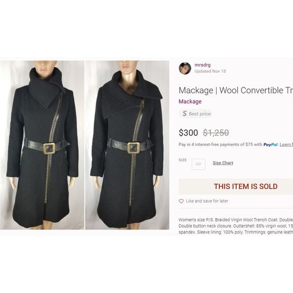 Mackage Virgin Wool Herringbone Black Knit Long Coat XS - Picture 10 of 10